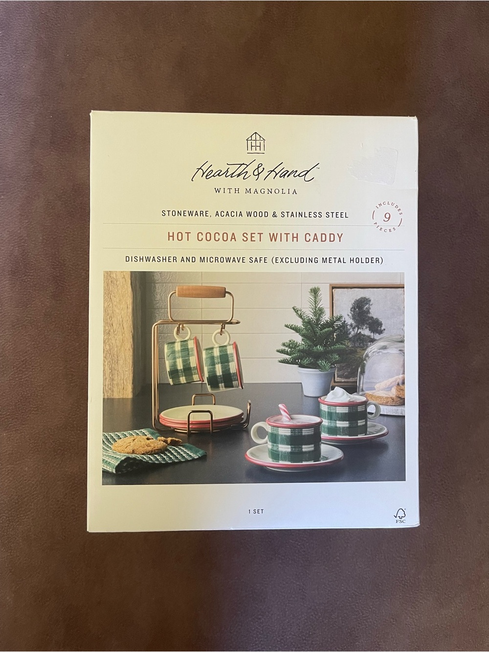 Hearth & Hand Green Plaid Hot Cocoa Set with Acacia Caddy